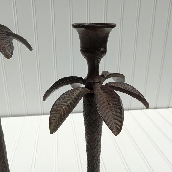 Cast Iron Palm Tree Candlesticks Taper Candle Holders Bronze Coastal Vintage - Picture 6 of 12